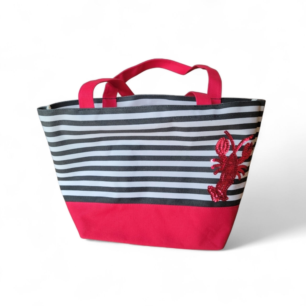 Quacker Factory Striped Nautical Canvas Bag W/ Sequins Lobster